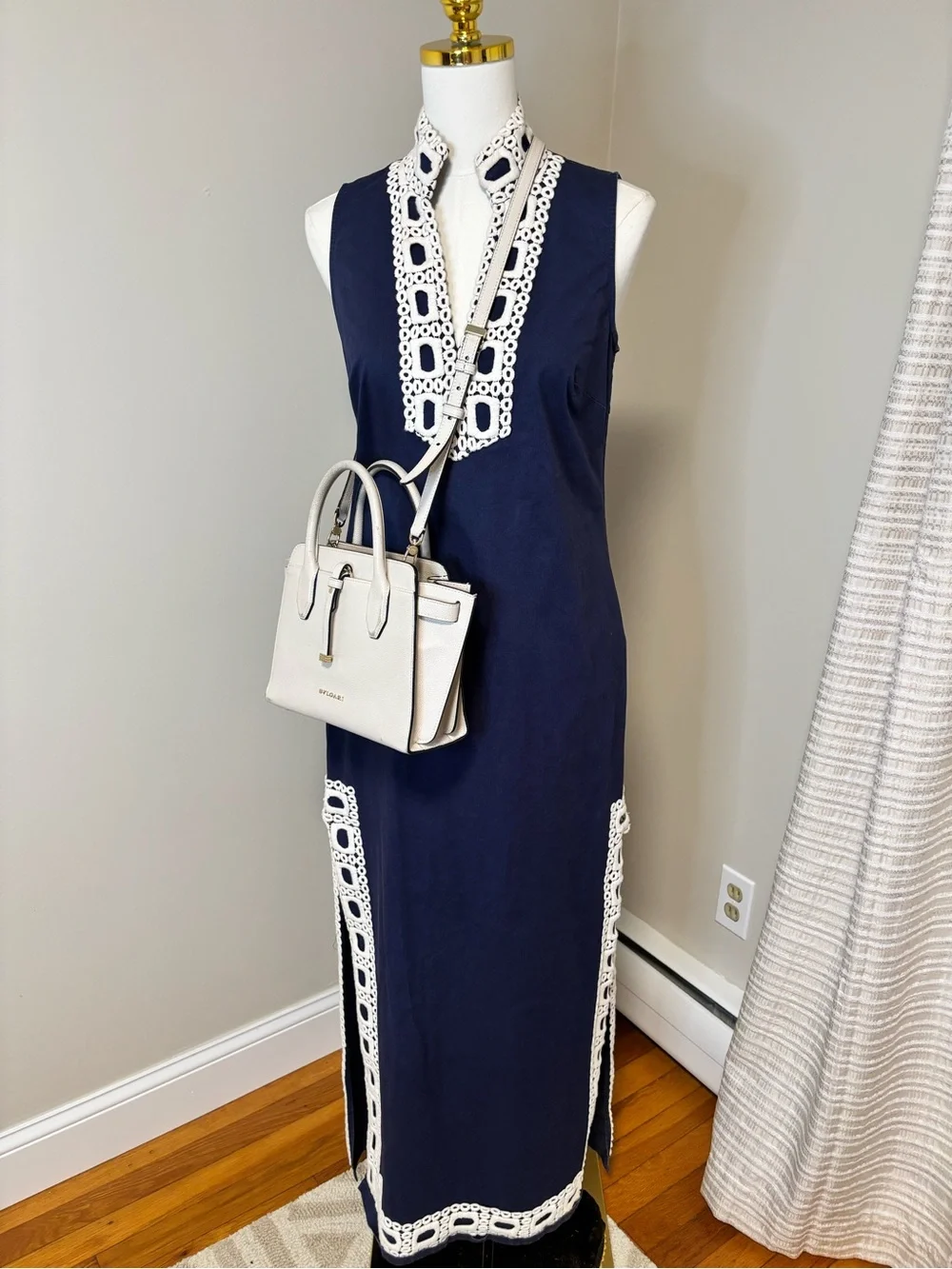 Sail to Sable Navy Maxi Dress White Crochet Trim Sleeveless Resort Dress Small - Picture 1 of 9